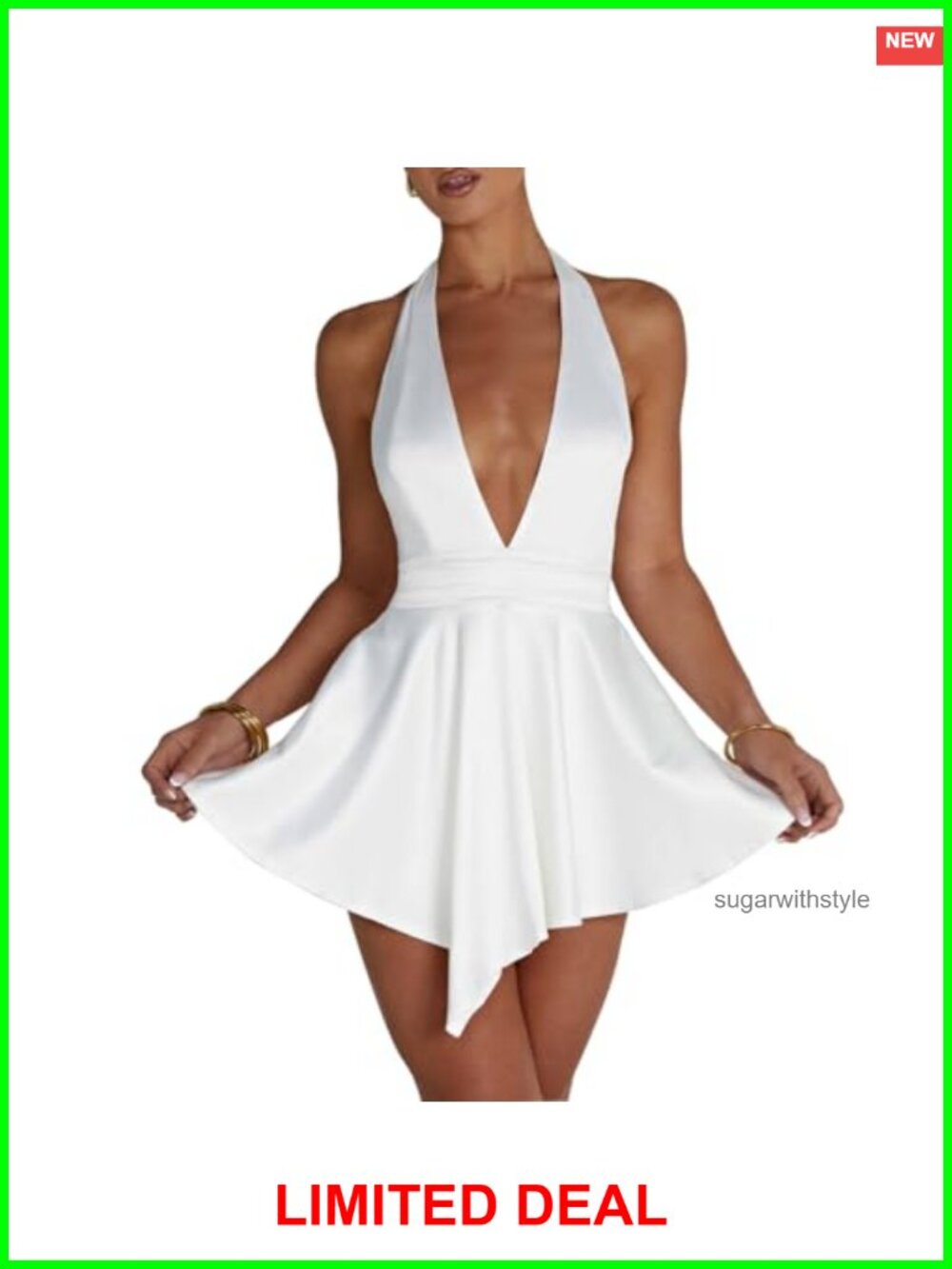 Sleeveless Halter Deep V Neck Backless Satin Cocktail Mini Dress